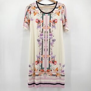Angelo Marani Italy Floral Striped Cream Short Sleeve‎ Midi Dress Size 44 US 8